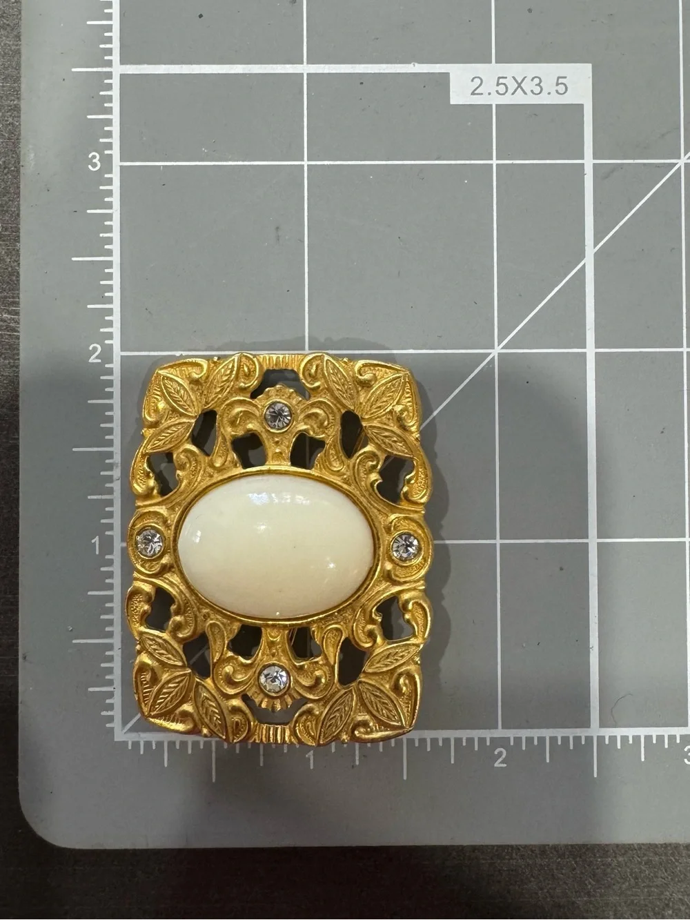 Vintage Gold-Tone Art Nouveau Revival Filigree Brooch White Cabochon Crystals